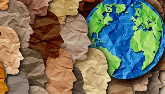 Faces and world globe